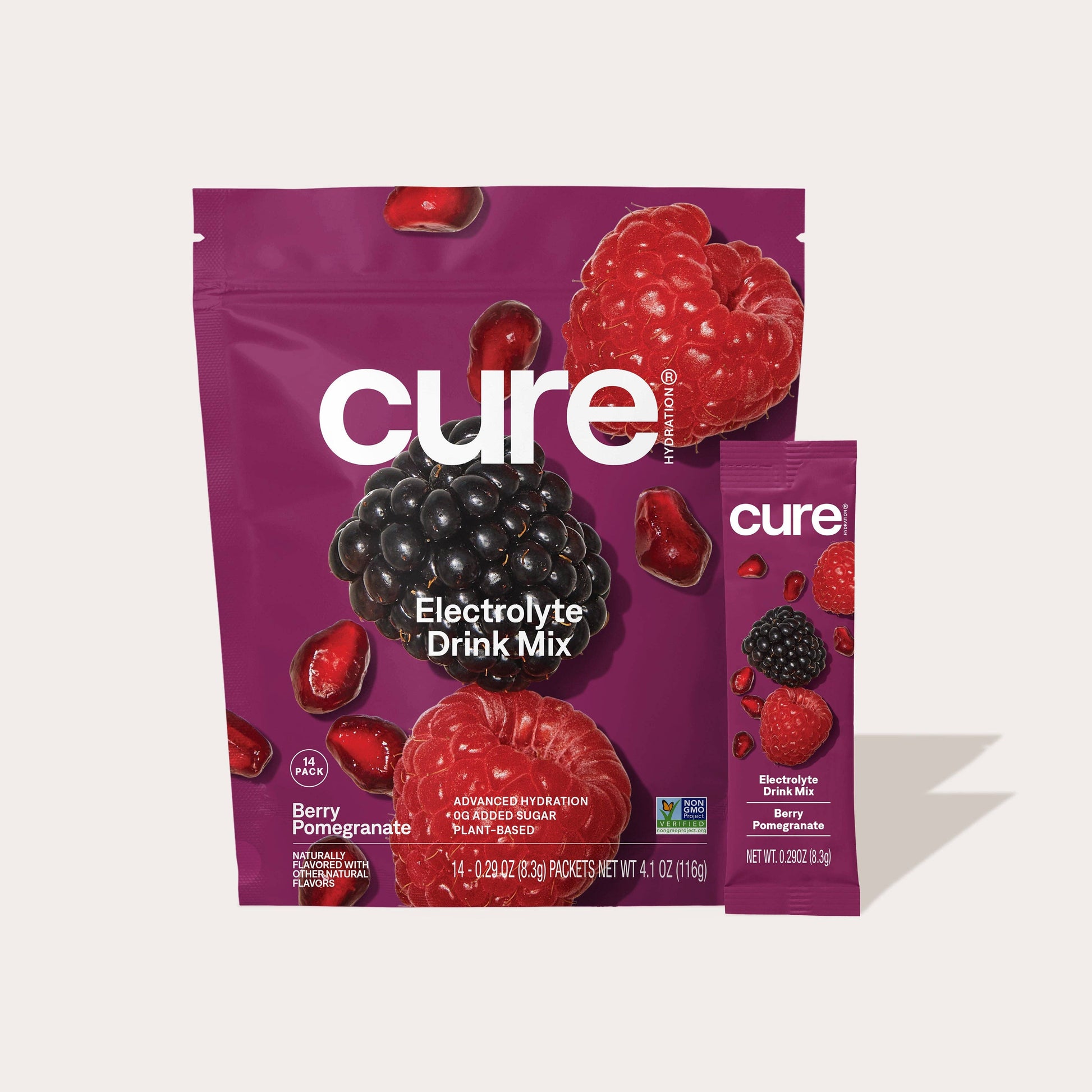 Cure Electrolyte Drink Mix packages with berry graphics on a white background