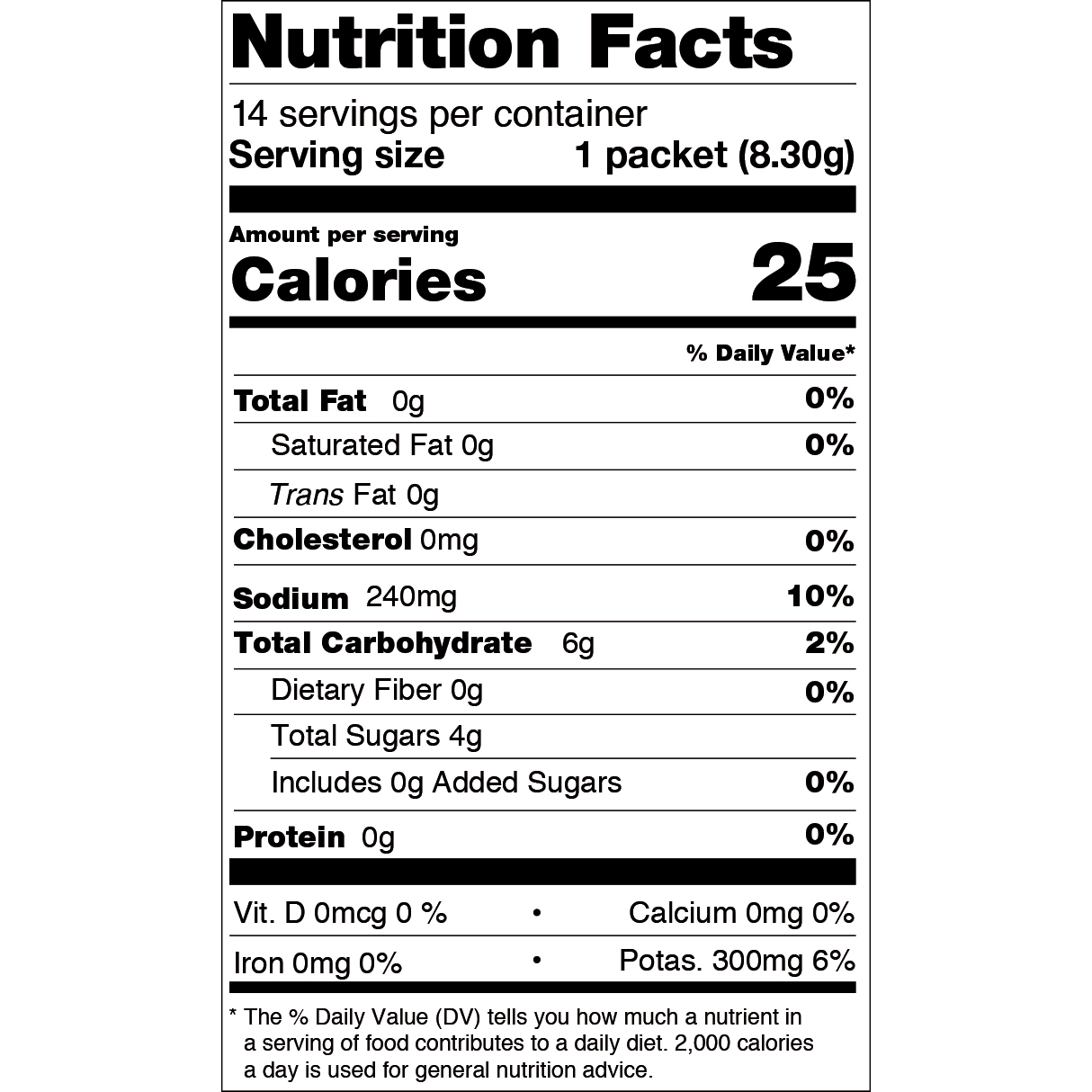 Nutrition facts label for a product with serving size and calorie information.