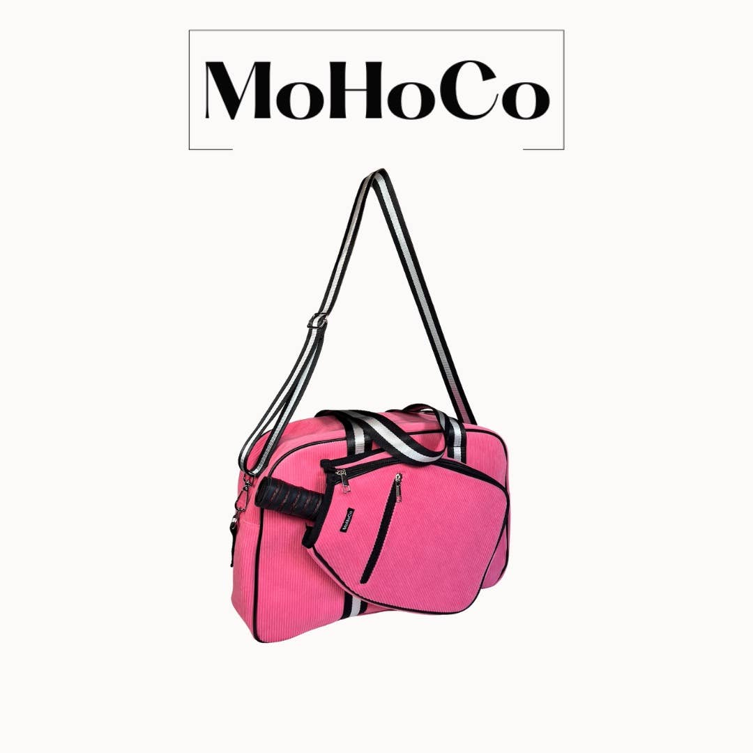 Pink duffel bag with black straps on a white background, featuring the brand 'MoHoCo'.